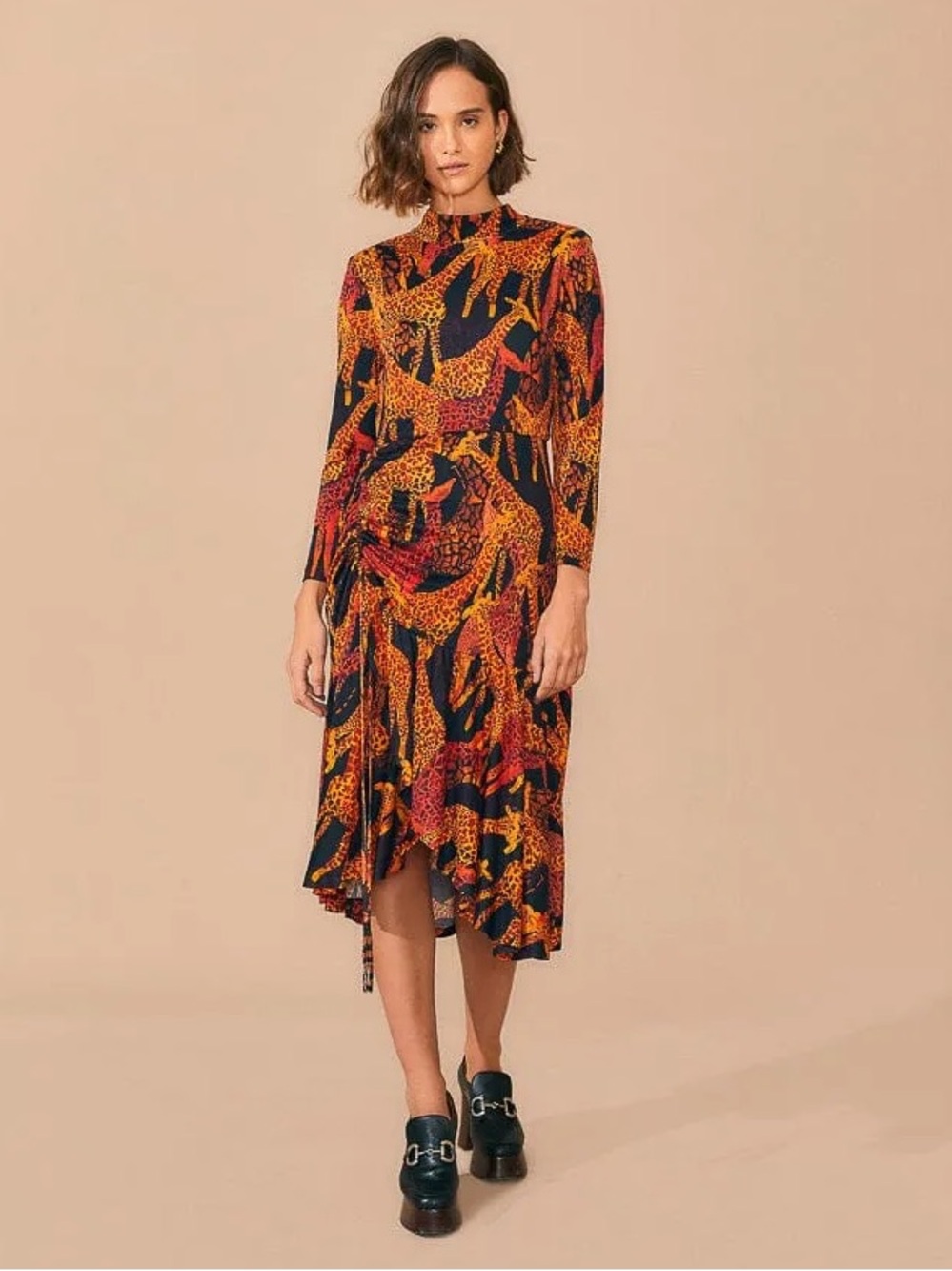 Farm Rio Black Giraffes Slit Midi Dress